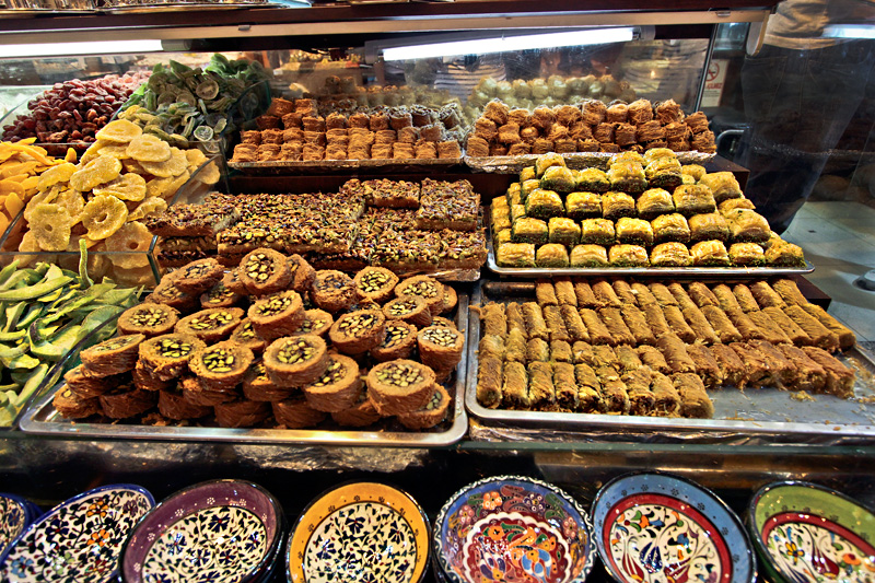 Varieties of Baklava in a Showcase at the Spice Market in Istanbul, Turkey