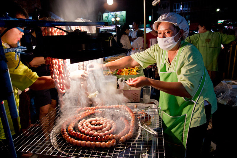 Sausage Balls on a Barbeque at the Saturday Night Market in Chiang Mai, Thailand