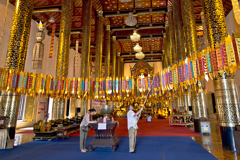 For Good Luck, Worshipers Hang Silk Ribbons in the Grand Viharn at Wat Chedi Luang in Chiang Mai, Thailand