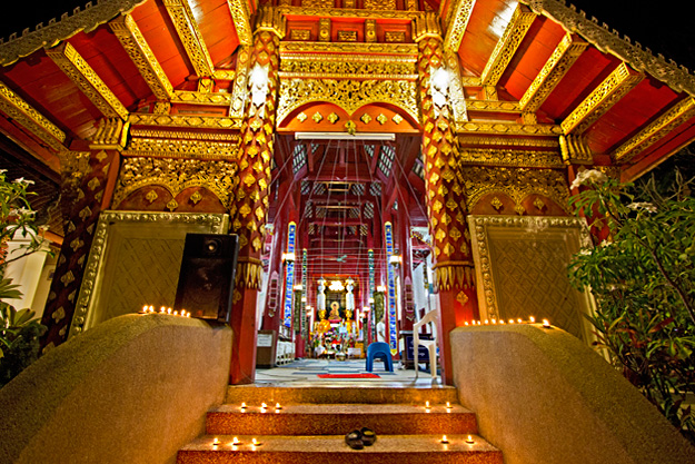 Viharn (prayer hall) at Wat Muentoom is brightly lit for Yi Peng evening ceremony