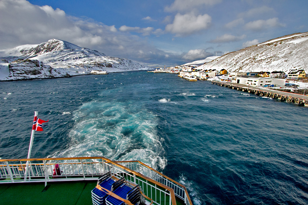 Pulling out of the harbor at Havoysund Norway on the Hurtigruten voyage around the northern tip of Norway