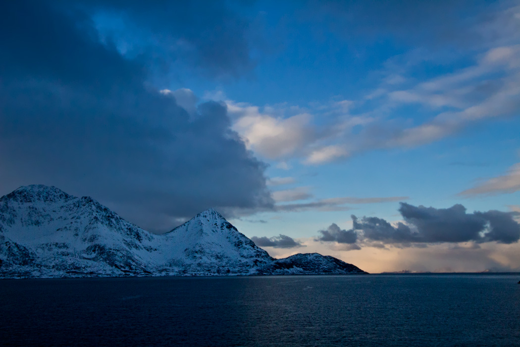Sunset Creates Blue on Blue Scenery in the Barents Sea, Between Oksfjord and Skjervoy, Norway