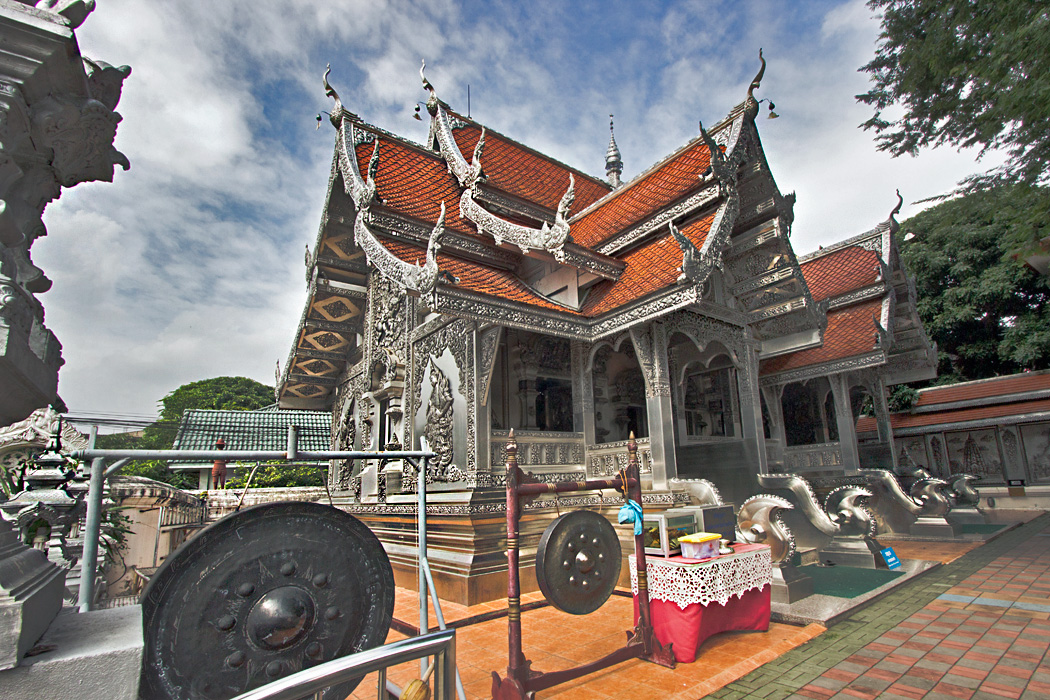 Silver reliefs on Wat Muen San in Chiang Mai, Thailand have earned it the nickname silver temple