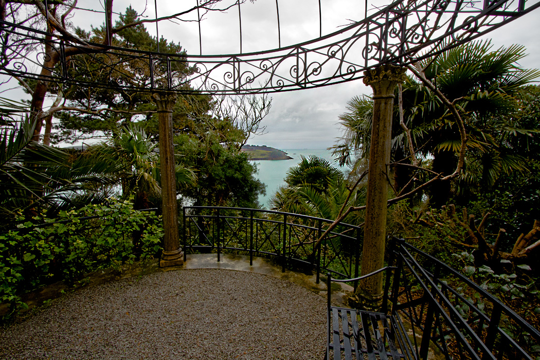View over St. Mawes Bay from a pagoda at Lamorran House Gardens in Cornwall, England