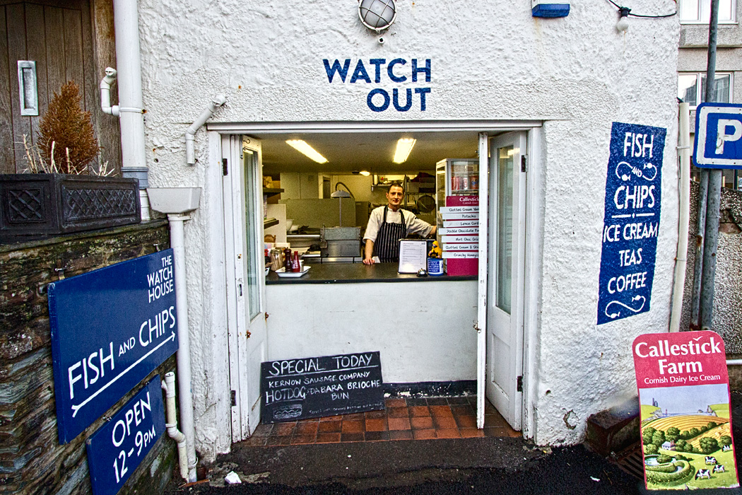 Tiny take-away window in the center of Saint Mawes offers fish and chips in Cornwall, England