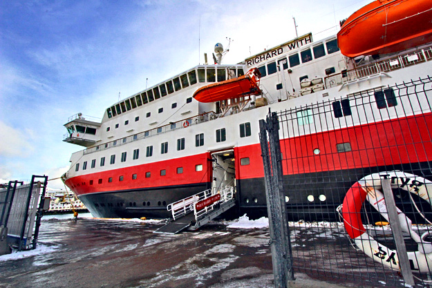 The MS Richard With, one of Hurtigruten's fleet of ships that combines delivery of supplies to remote Norwegian towns with passenger voyages, docks at Honningsvag in the far north of Norway