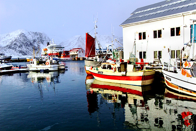 Colorful boats tied up in the harbor at Honningsvag