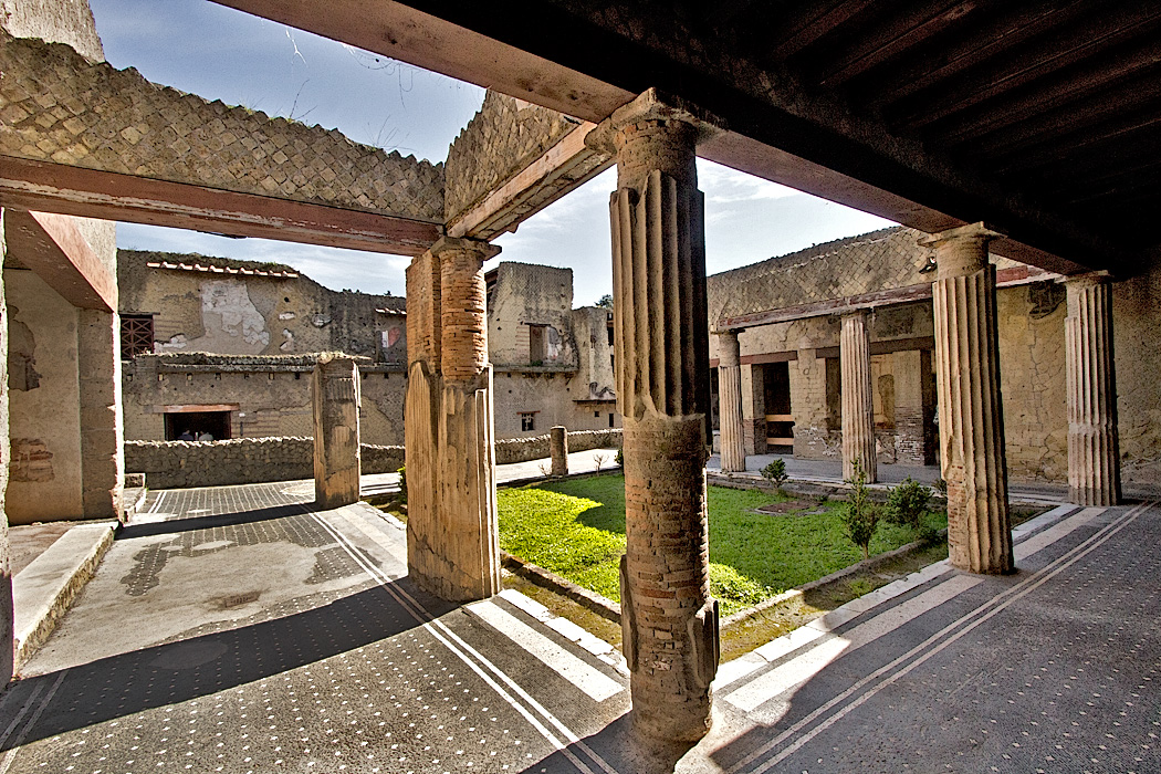Courtyard in House of the Black Room at Herculaneum Ruins in Italy