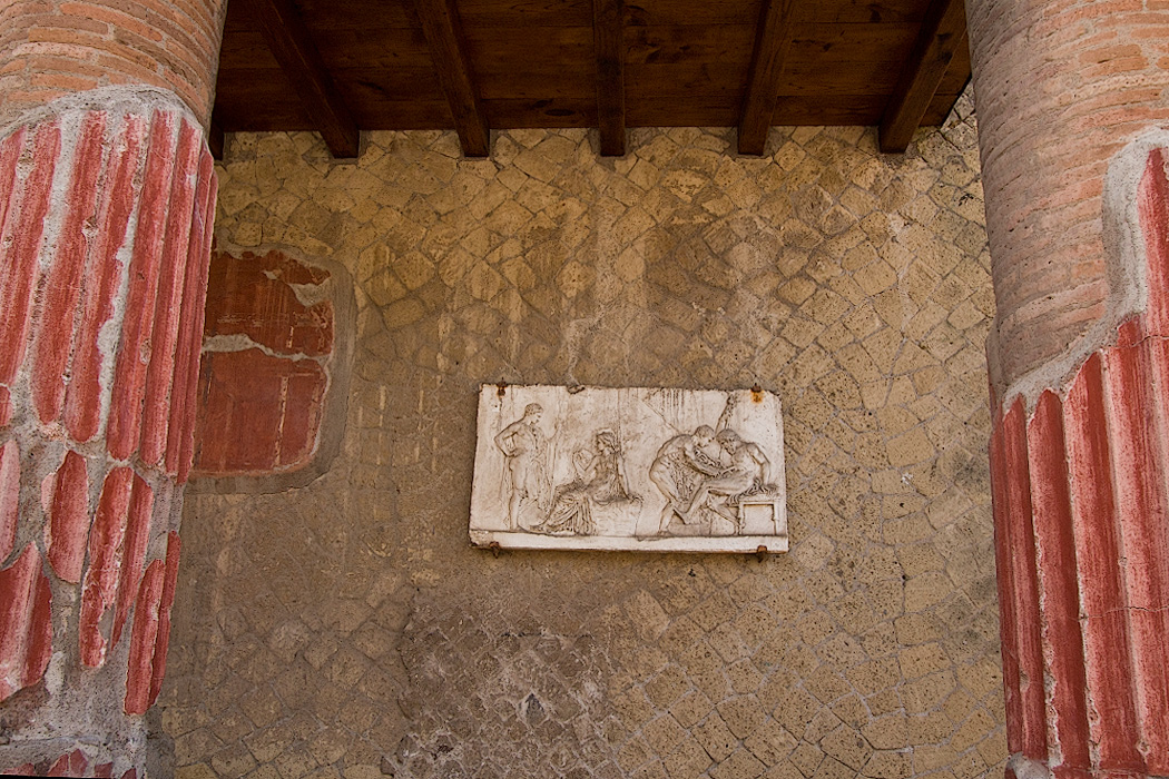 At Herculaneum, relief of the Myth of Telephus shows son of Hercules, mythical founder of city