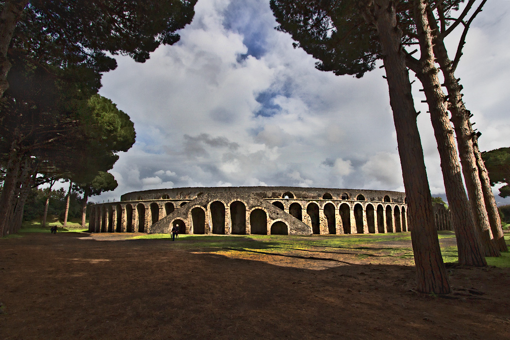The ancient Roman amphitheater at the Pompeii ruins in Italy
