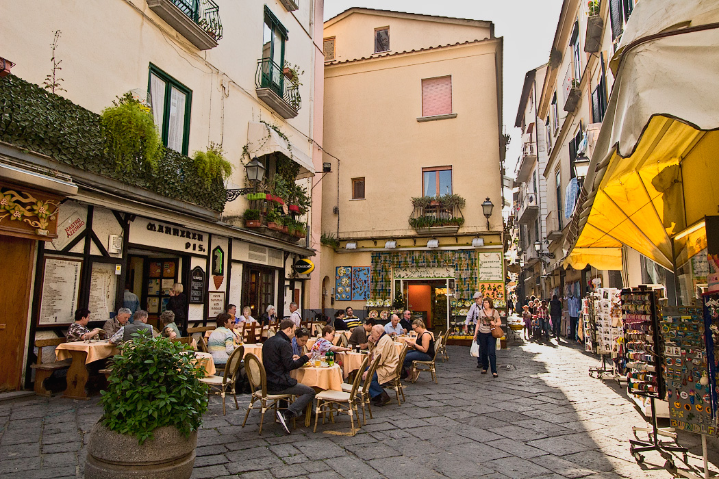 A sidewalk cafe on one of the many small piazzas found around every corner in Sorrento, Italy