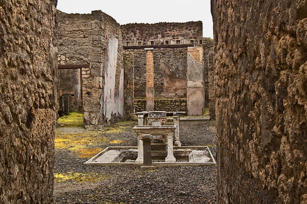 Inner courtyard and fountain at a luxuriously appointed villa in Pompeii