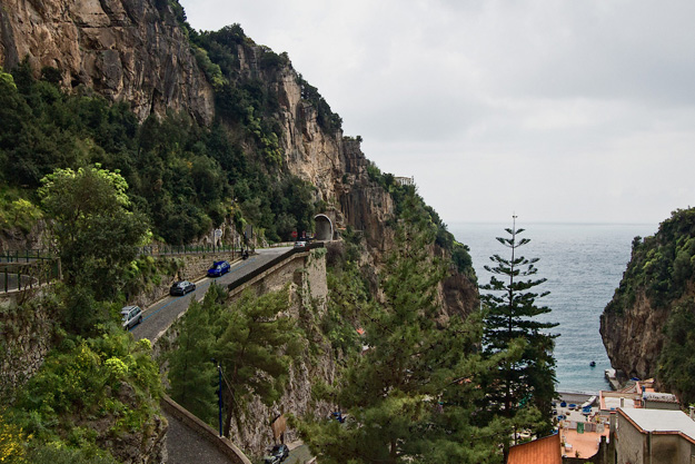 Serpentine roads are carved through solid rock along Italy's Amalfi Coast