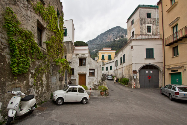 Mini cars and motorbikes are best suited to navigate the narrow streets of Amalfi