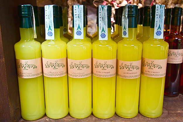 Limoncello, a potent liqueur produced from the lemons grown at Fattoria Terranova on the Sorrentine peninsula in Italy