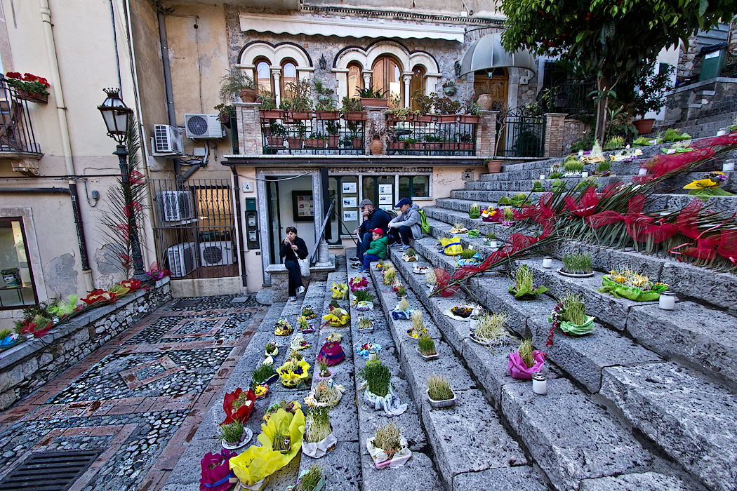 Flowers strewn on a stairway in Taormina, Sicily in preparation for Good Friday procession
