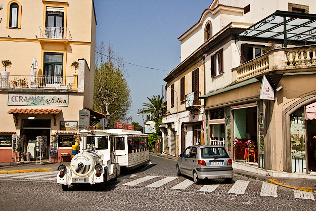 Little white train carries visitors from the upper levels of Sorrento to the seaside beaches and marinas