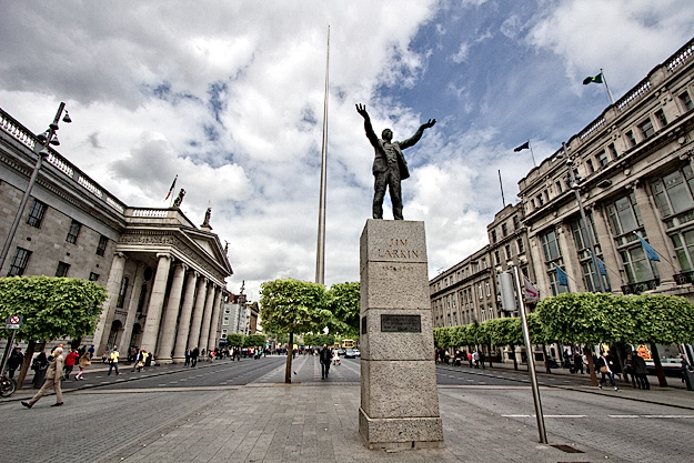 The Spire of Dublin and Jim Larkin statue on O'Connell Street