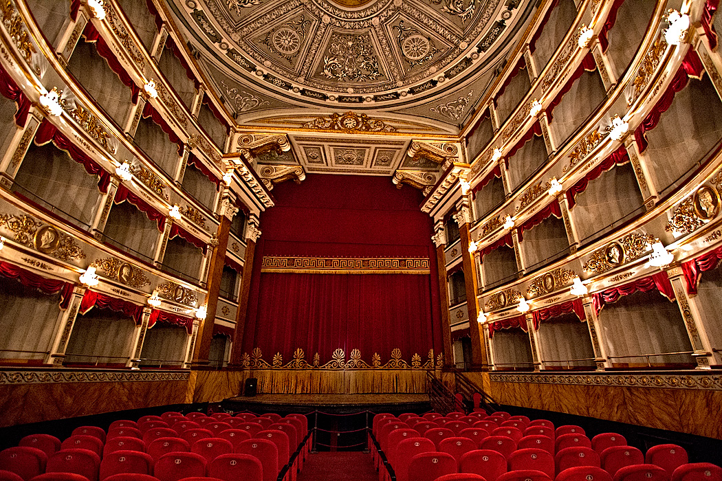 Stunning interior of the recently restored Baroque Teatro Tina di Lorenzo, located on Piazza XVI Maggio in the Baroque town of Noto, Sicily.