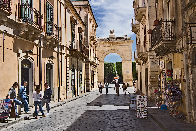 Ferdinandea Gate is the entrance to the city of Noto, and the beginning of Corso Vittorio Emanuele, the main avenue in the town