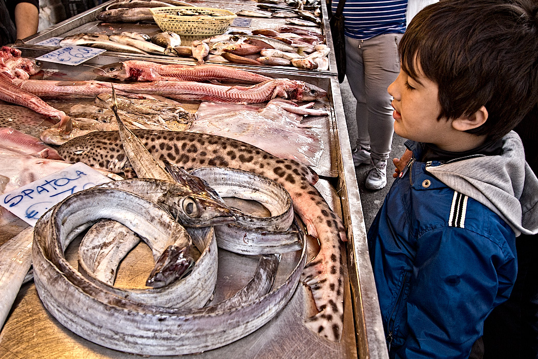 Spatola, (Scabbard in English), deep-water fish that have no scales and are easy to prepare, are sold at a local booth at the morning market in Syracuse, Sicily.