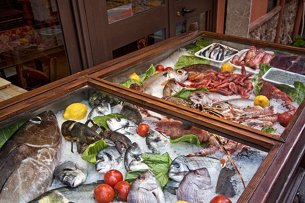 Fresh catch of the day on display at one of the many restaurants in Taormina, Sicily