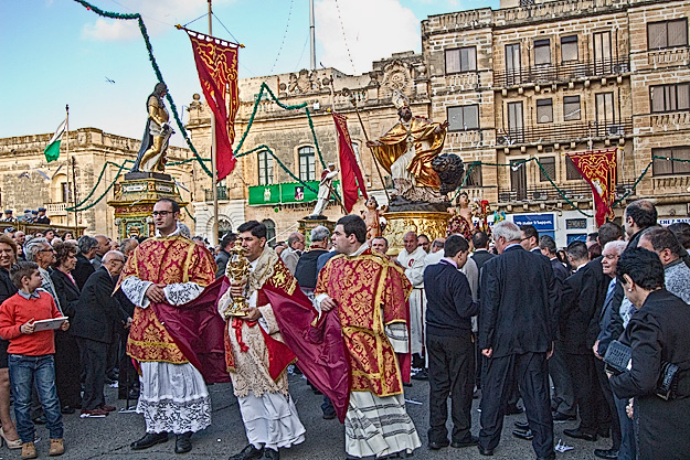 Enormous icon is paraded around the streets during the Feast of St. Publius in Floriana, Malta