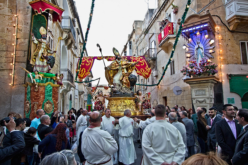 Icon of St. Publius is carried through the streets of Floriana, Malta for hours during the community's patron saint celebration