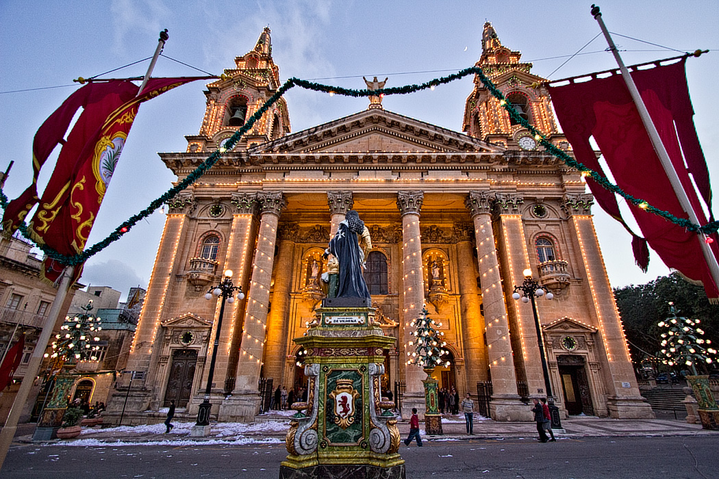 Saint Publius Church is illuminated with thousands of white lights during the Feast of St. Publius in Floriana, Malta