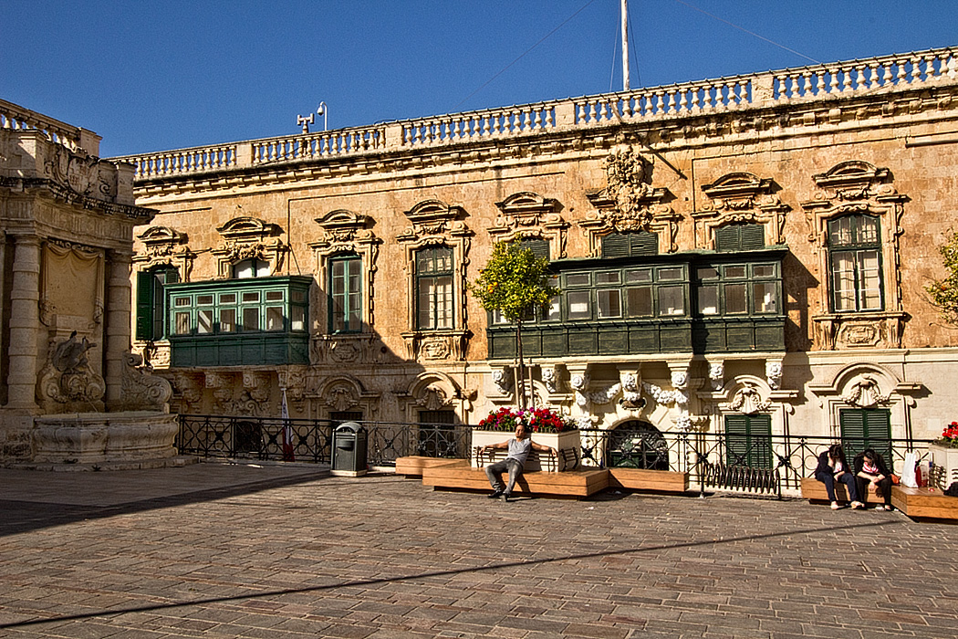 Typical Moor influenced architecture on Saint George's Square in Valletta, capital city of Malta