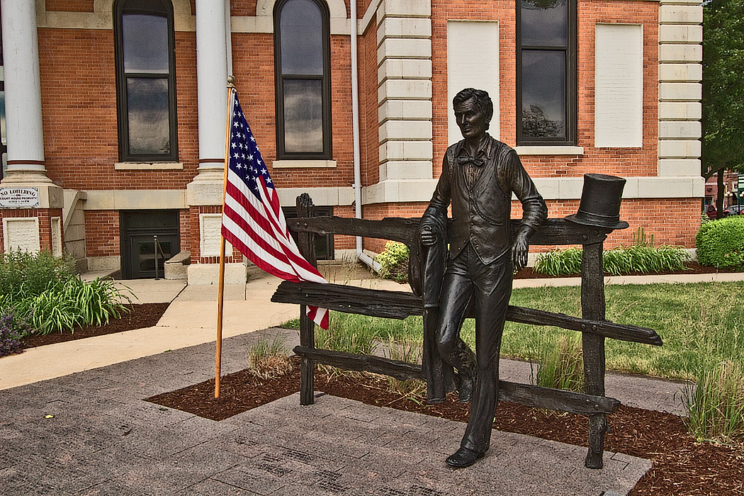 In Pontiac, Illinois, a sculpture of Abraham Lincoln stands in front of the Courthouse where he often practiced