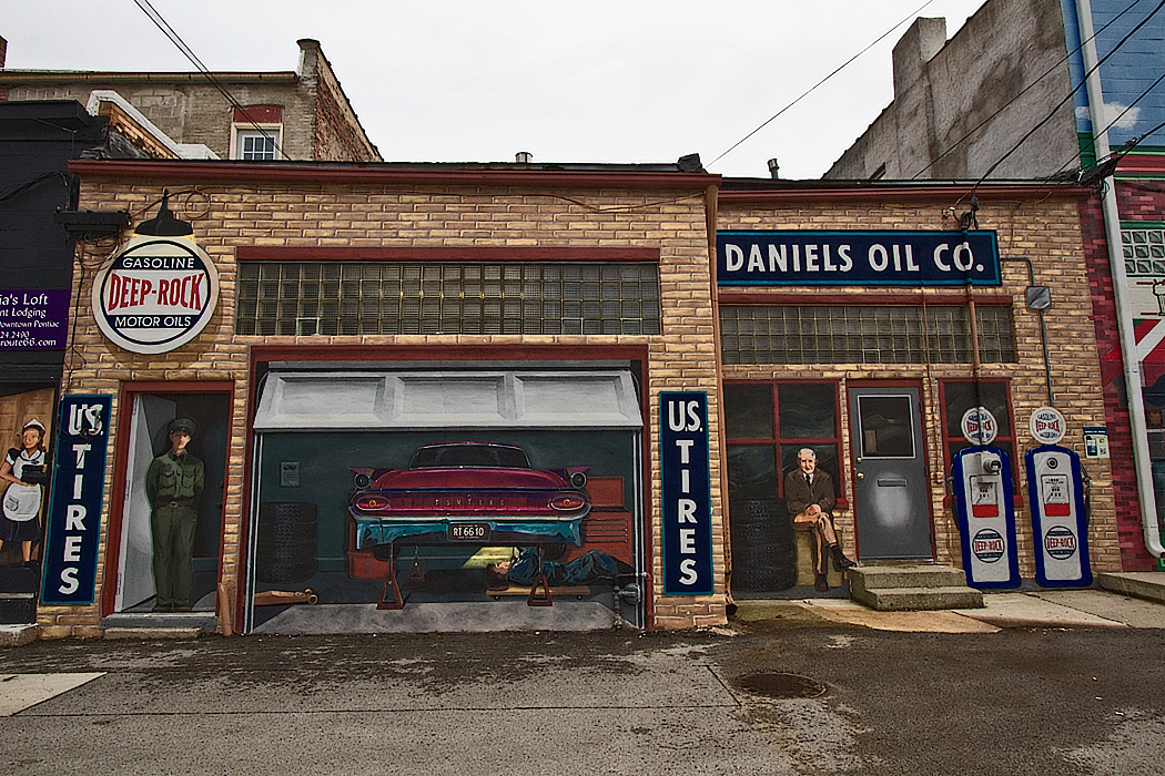 Series of murals on buildings in downtown Pontiac, Illinois, depict life as it was during the heydays of Route 66