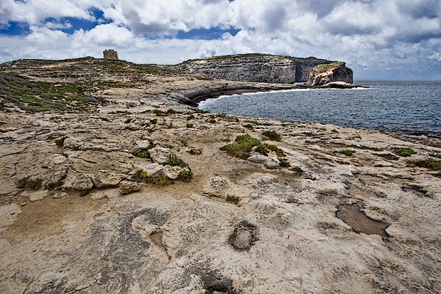 Fungus Rock and the Dwejra Coast Watch Tower on Gozo