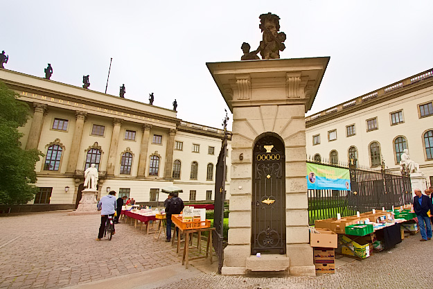 Booksellers set up in front of Humboldt University, across the street from the site of a famous Nazi book-burning incident