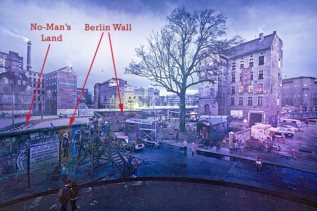 Panoramic art installation known as "The Wall" depicts a section of the Berlin Wall at a spot where it divided a neighborhood