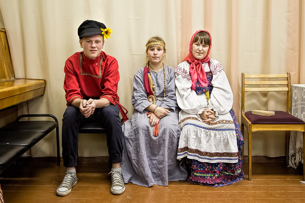 School children in Kirillov, Russia in traditional costumes