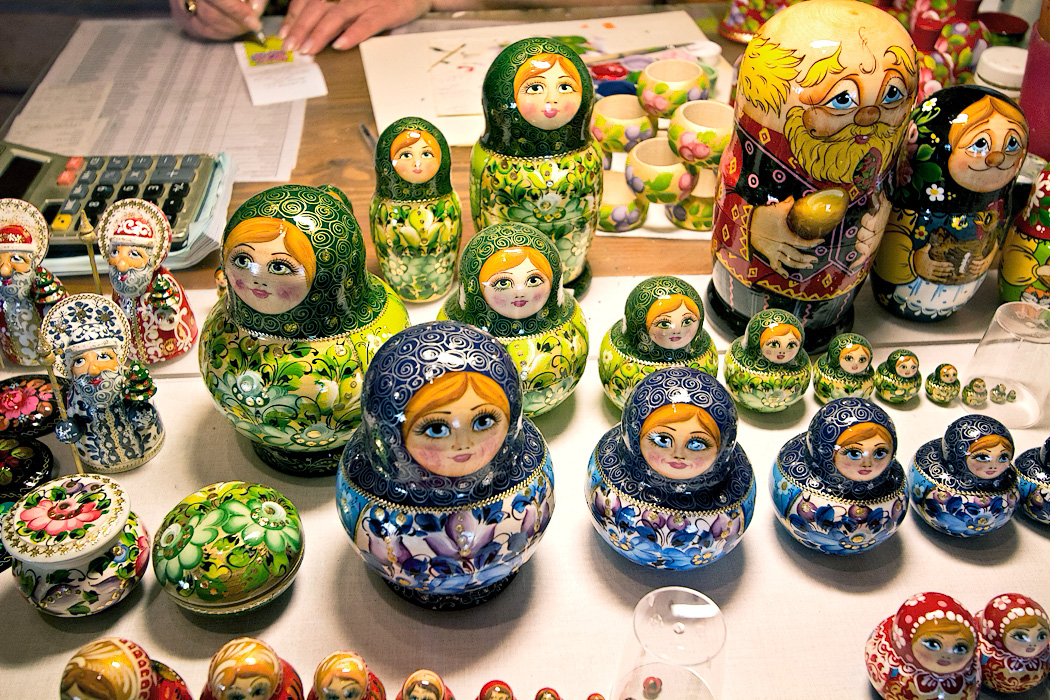 Traditional Matrushka nesting dolls being painted in Mandrogy, a recreated village on the banks of the Svir between Lake Ladoga and Lake Onega, Russia