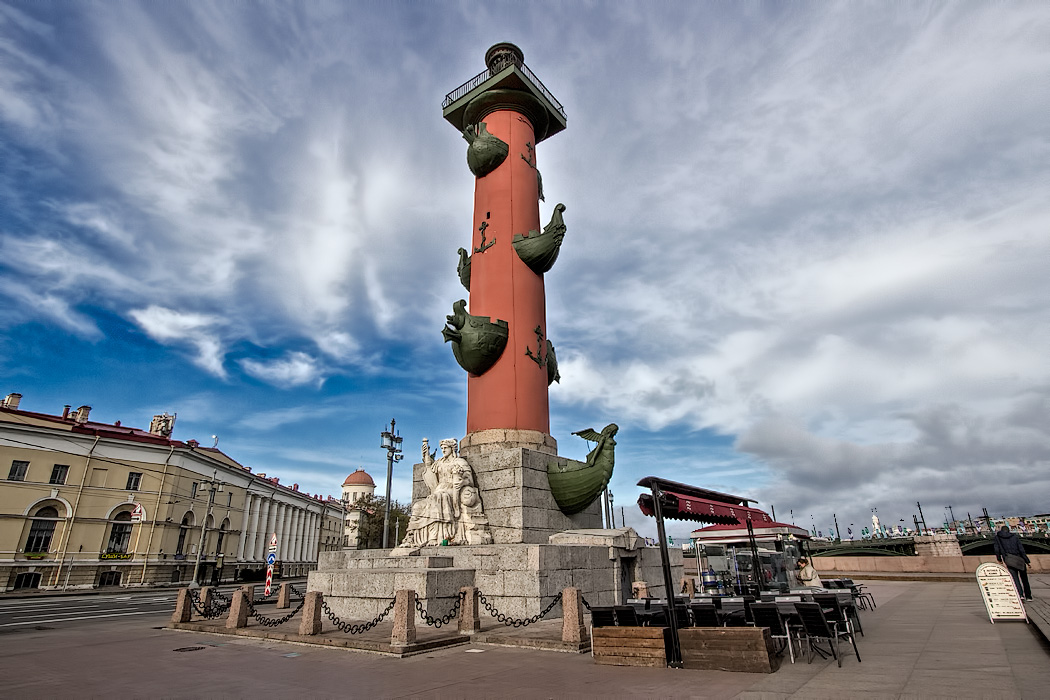 Rostral Column on Vasilyevsky Island in St. Petersburg, Russia, once used as a lighthouse, displays prows of conquered ships to frighten off invaders