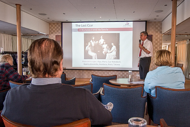 On of the on-board local guides lectures about Russian history as we cruise down the Volga-Baltic Waterway