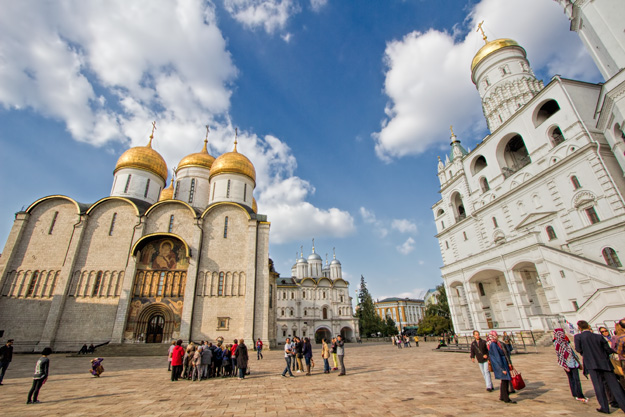 Dormition Cathedral, Patriarchs Palace and Church of the Twelve Apostles, Bell Tower of Ivan the Great in Cathedral Square at the Kremlin in Moscow