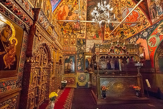 Ornate, gilded interior of St. Basil's Cathedral in Moscow's Red Square