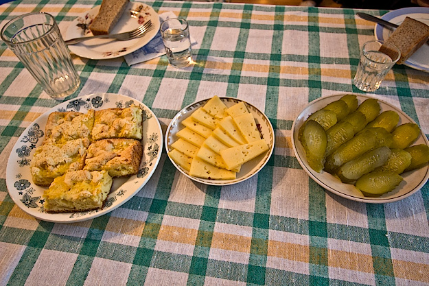 Food and vodka at home of Mikhail and Helen in Uglich, Russia