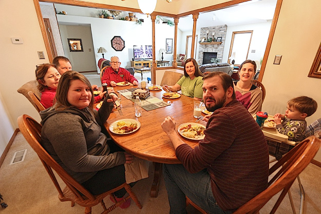 Thanksgiving breakfast, with my nephew-in-law, Tony, making one of his dumb faces in the foreground, and Dad at the head of the table