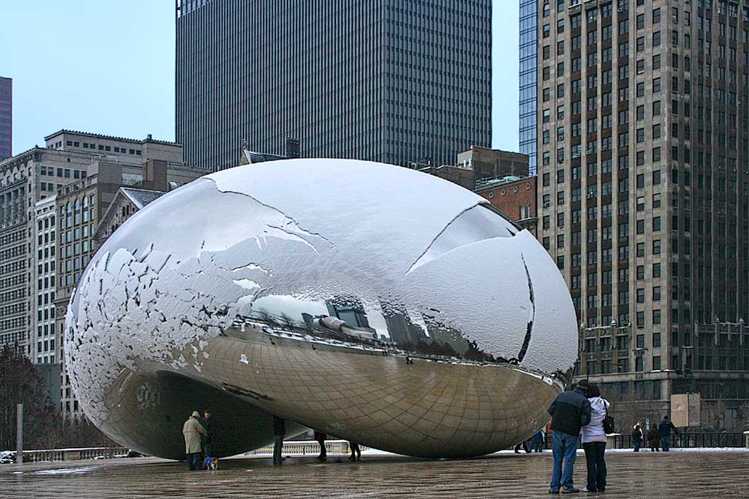 Wintry reflection of Chicago's skyline on the "Cloud Gate" sculpture, which Chicagoans fondly call "The Bean," due to its resemblance to a coffee bean