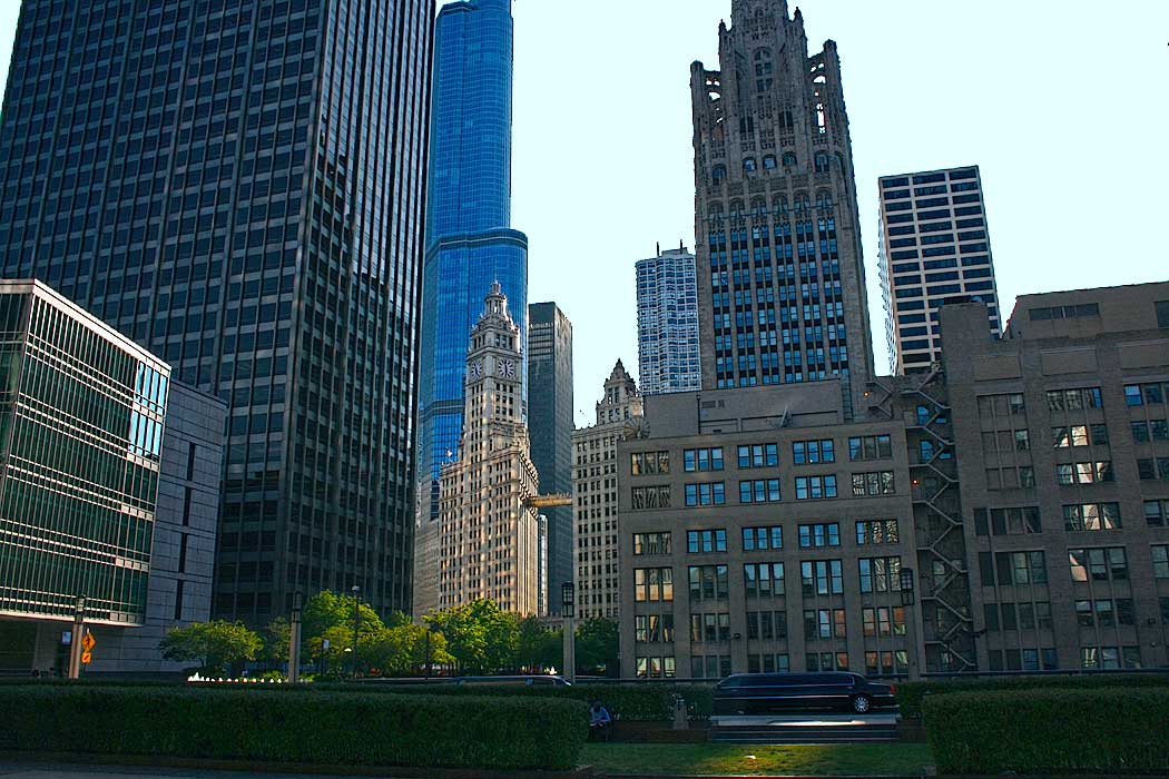 Skyscrapers along Chicago's Magnificent Mile include the Wrigley Building (at center with clock tower), which was built to house the corporate headquarters of the Wrigley Company