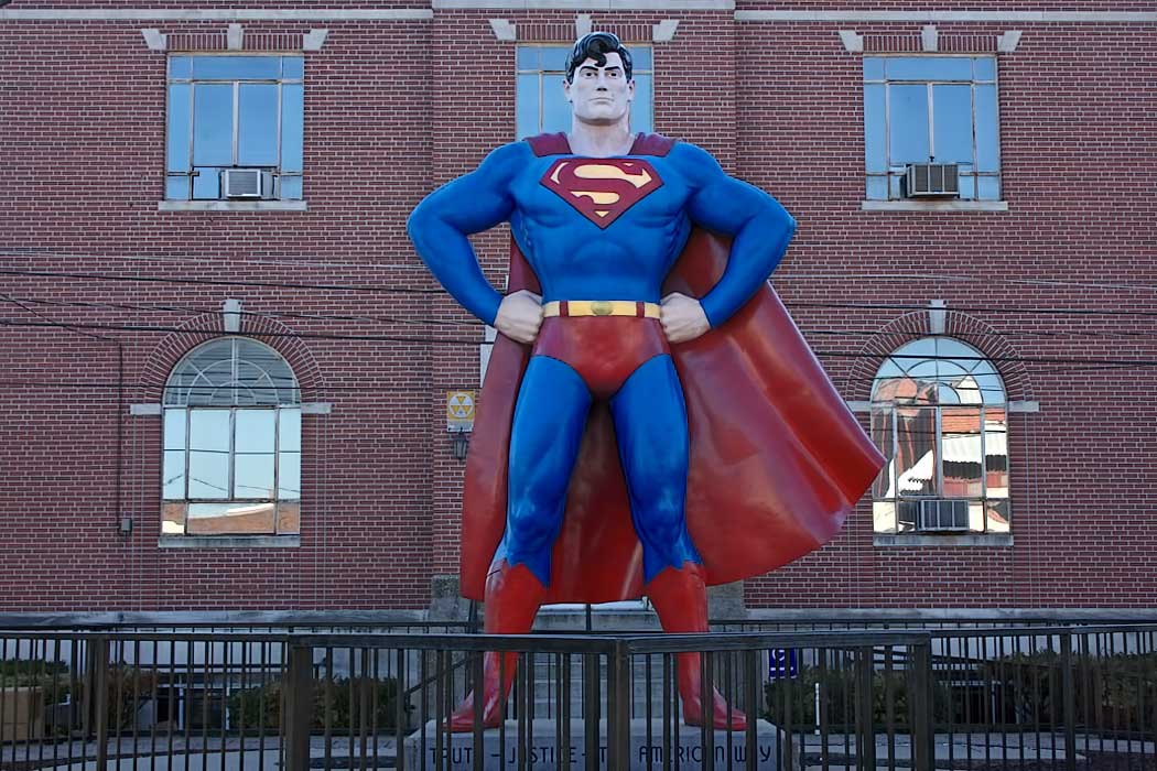 Giant Superman statue stands at the center of town in Metropolis, Illinois