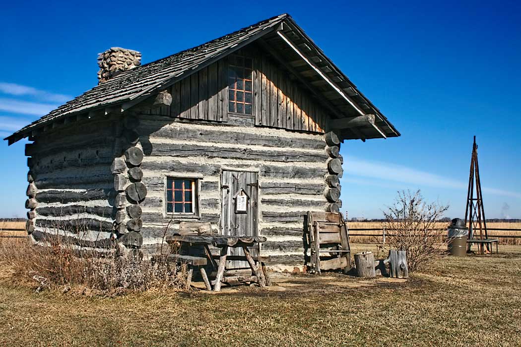 Reconstructed Cragg Cabin at Goose Lake Prairie State Park in Morris, Illinois, which once served as a stop on the old Chicago-Bloomington Teamster Trail