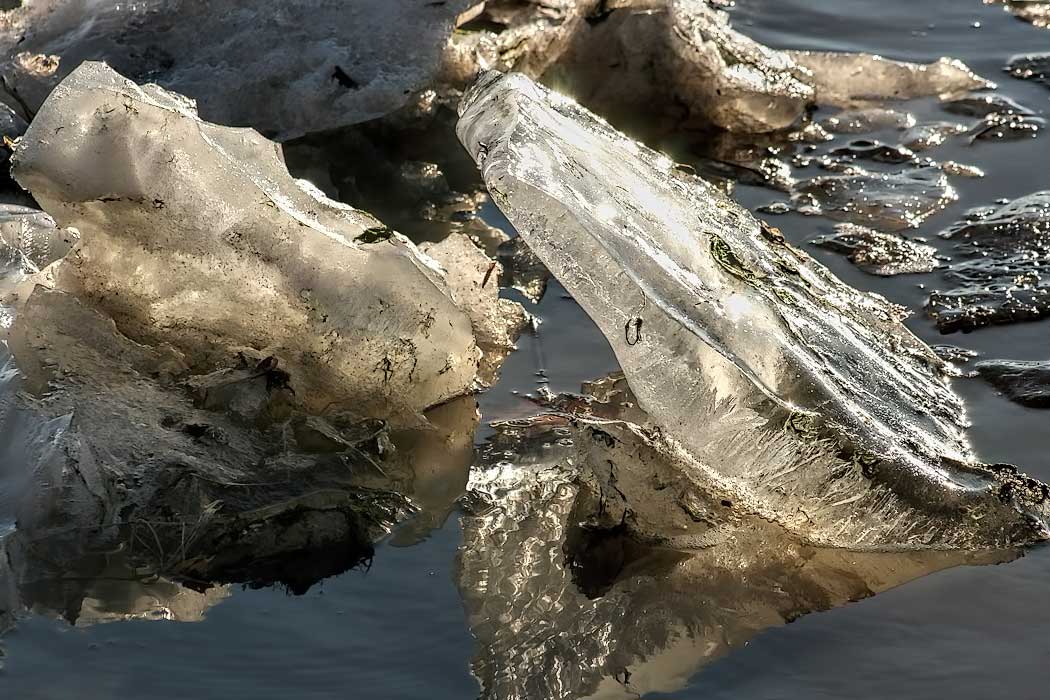 When the thaw comes each spring on the Kankakee River in Wilmington, Illinois, the frozen river breaks up into mini icebergs and crystal ice formations