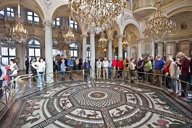 Intricate mosaic floor in the Hermitage Museum
