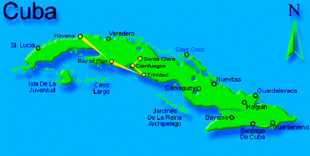 Map showing my travel to Cuba with Discover Corps, showing the destinations we will visit. Map photo courtesy of Tuchman Beaches Guide.